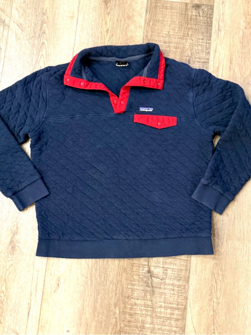 Patagonia Organic Cotton Snap Pullover Navy Red Womens Large Quilted Sweatshirt